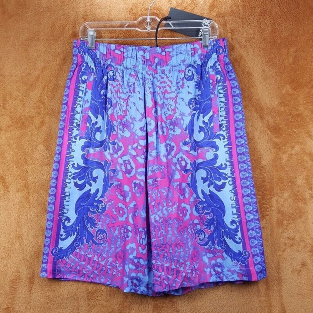 VERSACE Shorts Mens Large Purple Pull On Baroque Paisley Logo Colorful Luxury
